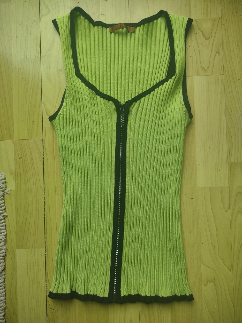 Chartreuse Green Ribbed Zip-Front Tank with Black Trim